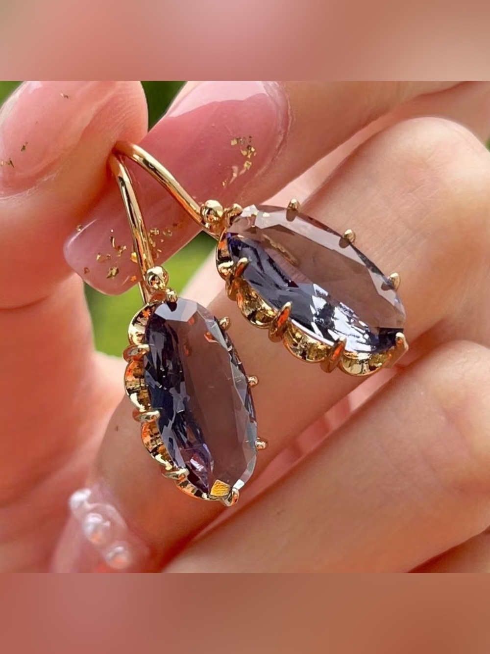 NEW! Retro Gold Drop Earrings with Smoky Purple Oval Stones 💜 B-122